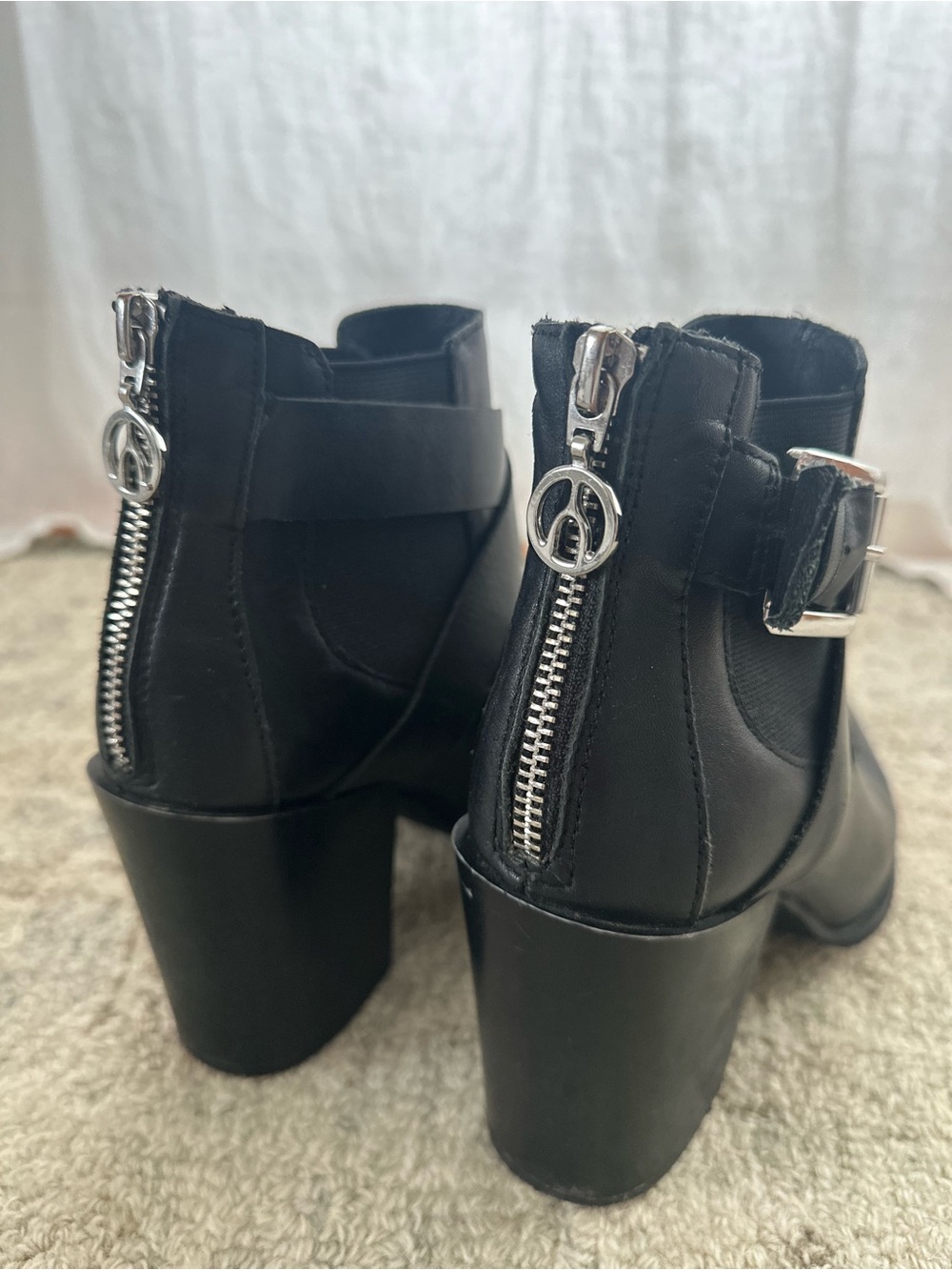 Women’s Black Heeled Ankle Boots with Back Zip and Buckle Detail